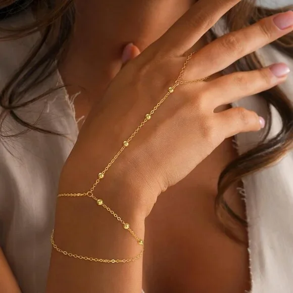 Hand Chain Bracelets for Women - 14K Real Gold Plated Dainty Stackable Paperclip - Picture 2 of 7